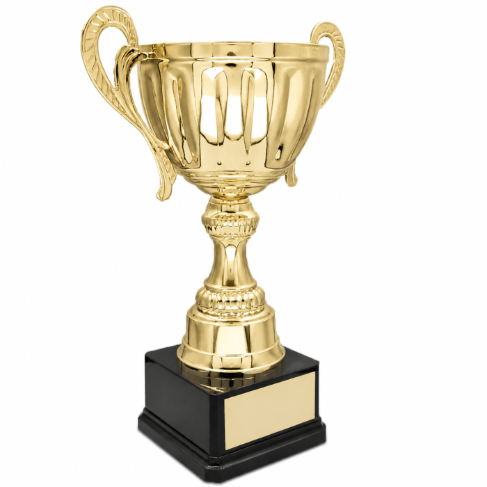 GOLD HANDLED TROPHY CUP ON GOLD RISER AVAILABLE IN 3 SIZES